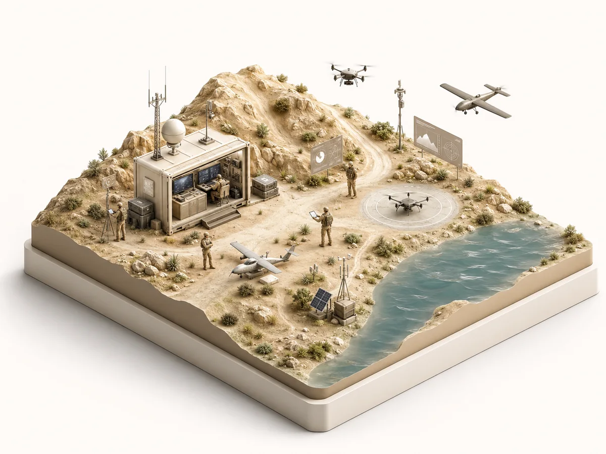 Conceptual illustration representing uncrewed systems and autonomy research in a remote field environment